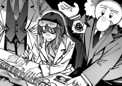  1girl 2boys character_request chinese_commentary cho_kaguya-hime! commentary_request copyright_request crossover eyewear_on_head hands_on_own_hips highres lab_coat large_nose long_sleeves medium_hair mole mole_under_eye multiple_boys ochanomizu_hiroshi safety_glasses sakayori_iroha sitting soldering_iron spoken_squiggle squiggle sweat tetsuwan_atom upper_body xiaoju_xiaojie 