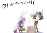  2girls animal_ears bare_shoulders black_hair bunny_tail bunnysuit chibi dress food inaba_tewi long_hair mallet mochi multiple_girls open_mouth pantyhose rabbit_ears red_dress reisen_udongein_inaba short_hair smile squatting tail touhou translation_request very_long_hair wagashi webclap wrist_cuffs yohane 