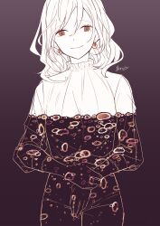  1girl absurdres asahi_panda brown_eyes brown_theme dress earrings gradient_background highres jewelry light_smile long_hair original own_hands_together solo standing 