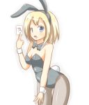  1girl a-ktoo blonde_hair blue_eyes blush breasts bunny_tail bunnysuit open_mouth pantyhose short_hair solo tail wrist_cuffs 