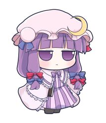  1girl :< blue_bow blush book bow bowtie capelet commentary_request crescent crescent_hat_ornament dounaga_nuko dress frilled_capelet frills full_body fumo_(doll) hair_bow hat hat_ornament highres holding holding_book long_hair mob_cap multiple_hair_bows patchouli_knowledge pink_capelet pink_dress pink_hat purple_bow purple_bowtie purple_hair red_bow simple_background solo striped_clothes striped_dress touhou transparent_background vertical-striped_clothes vertical-striped_dress violet_eyes 