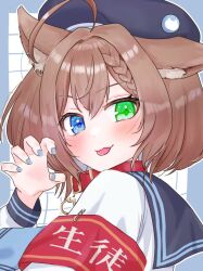  1girl :3 ahoge animal_collar animal_ear_fluff animal_ears armband belt_collar beret black_hat black_sailor_collar blue_border blue_eyes blue_hair blue_nails blue_necktie border braid braided_bangs brown_hair cat_ears cat_girl cat_pendant claw_pose collar colored_inner_hair commentary_request commission from_side green_eyes grid_background hat heterochromia indie_virtual_youtuber looking_at_viewer looking_to_the_side michiyo_mao multicolored_hair necktie o2mwnb9 outside_border pendant_collar portrait red_armband red_collar sailor_collar school_uniform second-party_source serafuku short_hair single_claw_pose skeb_commission spanish_commentary tongue tongue_out translation_request v-shaped_eyebrows virtual_youtuber white_background white_serafuku 