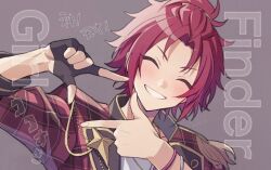  1boy arm_up bangs_pinned_back black_gloves bracelet clenched_teeth closed_eyes commentary curtained_hair ensemble_stars! facing_viewer finger_frame fingerless_gloves gloves grey_background hair_ornament hairclip hand_up isara_mao jewelry male_focus red_hair reijiro short_hair simple_background single_glove smile solo teeth upper_body 