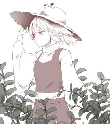  1girl adjusting_clothes adjusting_headwear eye_on_hat grass hat highres kanaria_(bcomn) looking_to_the_side moriya_suwako orange_eyes sepia shirt short_hair skirt solo spot_color touhou vest wide_sleeves wind 