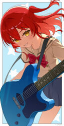  1girl absurdres blush bocchi_the_rock! bow commentary_request guitar guitar_strap happy highres hjxbd holding holding_guitar holding_instrument instrument kita_ikuyo long_hair looking_at_viewer red_bow red_hair shirt skirt sleeveless sleeveless_shirt smile solo star_(symbol) teeth white_shirt wind yellow_eyes 