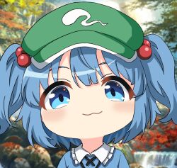  1girl :3 blue_eyes blue_hair blush closed_mouth collared_shirt commentary_request contrast_collar frilled_shirt_collar frills green_hat hair_bobbles hair_ornament hat jewelry kawashiro_nitori leaf mutsuki_face_(blue_archive) necklace newsboy_cap outdoors revision rock shirt short_hair solo touhou tree water waterfall yige_lurenjia 