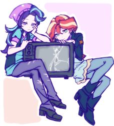  2girls :| alternate_skin_color ankle_boots bare_arms beanie black_boots black_jacket black_shoes blonde_streaks blue_dress blue_pants blue_shirt blue_streaks boots border chinese_commentary closed_mouth commentary_request crack curtained_hair denim double-parted_bangs dress elbow_rest equestria_girls:_rainbow_rocks expressionless forehead full_body green_eyes hair_between_eyes hand_on_own_cheek hand_on_own_face hands_up hat head_rest high_heel_boots high_heels highres hulianwangpingguo invisible_chair jacket jeans knee_up long_sleeves looking_at_viewer multicolored_hair multiple_girls my_little_pony my_little_pony:_equestria_girls my_little_pony:_friendship_is_magic no_pupils official_alternate_costume open_clothes open_jacket orange_background outside_border pants pink_background pink_hat pink_trim puffy_short_sleeves puffy_sleeves purple_hair red_hair shirt shoes short_sleeves sidelocks simple_background sitting sleeveless sleeveless_jacket smile star_(symbol) star_print starlight_glimmer starlight_glimmer_(equestria_girls) streaked_hair sunset_shimmer sunset_shimmer_(human) television torn_clothes torn_jeans torn_pants turning_head two-tone_hair v-neck violet_eyes wavy_hair white_border yellow_trim 