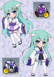  1girl :3 angelic_buster animal_ear_fluff animal_ears aqua_hair black_kimono black_sandals blue_eyes blush breasts cat_ears closed_mouth floral_background game_screenshot_inset highres japanese_clothes kimono long_hair long_sleeves maplestory medium_breasts multiple_views nekono_rin obi pinching_sleeves pleated_skirt purple_skirt ribbon-trimmed_sleeves ribbon_trim sandals sash screenshot_inset skirt sleeves_past_wrists standing thigh-highs very_long_hair white_kimono white_thighhighs wide_sleeves zouri 
