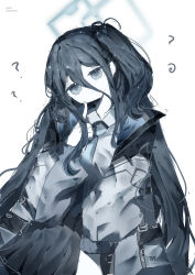  1girl ? absurdres aris_(blue_archive) artist_name black_hair blue_archive blue_eyes blue_necktie collared_shirt commentary_request finger_to_own_chin hair_between_eyes halo highres jacket kenosack long_hair looking_at_viewer necktie shirt simple_background white_background white_shirt 