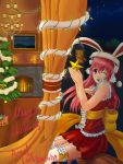  1girl animal_ears breasts christmas christmas_lights christmas_tree cleavage hat headphones highres large_breasts long_hair looking_at_viewer nitroplus one_eye_closed open_mouth pink_hair rabbit_ears red_eyes santa_hat smile solo star super_sonico thigh-highs 