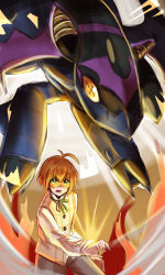  1boy absurdres aircraft airplane blonde_hair cowboy_shot digimon digimon_(creature) digimon_beatbreak doodledigi fighter_jet green_eyes highres kuonji_makoto male_focus military_vehicle open_mouth scourgechiropmon shirt short_hair sweater tinted_eyewear white_shirt yellow-tinted_eyewear yellow_eyes yellow_sweater 