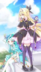  2girls absurdres ahoge antenna_hair black_capelet black_dress black_ribbon black_shoes blonde_hair blue_capelet blue_dress blue_hair blue_ribbon blue_sky blush butterfly_hair_ornament capelet card clouds cloudy_sky collar cure_arcana_shadow cure_eclair dress drill_hair full_body gem gloves hair_ornament hair_ribbon hat highres holding holding_wand long_hair looking_at_another magical_girl meitantei_precure! moria_luluka mountainous_horizon multicolored_hair multiple_girls neck_ribbon on_rooftop orange_hair pantyhose pink_hair ponytail precure purple_gem purple_pantyhose purple_veil red_eyes ribbon rooftop shoes single_leg_pantyhose sitting skirt sky smile sosii_79 twin_drills two-tone_hair veil wand white_collar white_gloves white_wrist_cuffs wrist_cuffs 