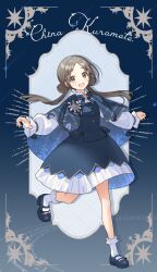  1girl :d ankle_socks bell_sleeves blue_background blue_cape blue_jacket blue_shoes blue_skirt blush bow bowtie brooch brown_eyes brown_hair buttons cape character_name collared_shirt commentary_request double-breasted double_bun dress dynamic_pose epaulettes forehead frilled_sleeves frilled_socks frills full_body gakuen_idolmaster galaxy_print gold_trim hair_bun hair_ornament highres idolmaster jacket jewelry kuramoto_china layered_skirt layered_sleeves leg_up long_sleeves looking_at_viewer low_twintails mary_janes misuzu0342 open_mouth outstretched_arms parted_bangs pleated_skirt raised_eyebrows shirt shoes short_eyebrows shoulder_boards skirt smile socks sparkle spread_arms star_(symbol) star_brooch star_hair_ornament teeth twintails upper_teeth_only white_shirt white_socks 