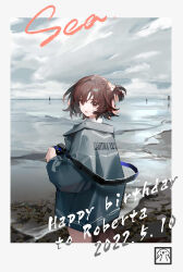  1girl absurdres alternate_costume animal_ears arknights blue_coat boat border brown_eyes brown_hair camera character_name clouds coat collared_shirt cowboy_shot dated english_text from_behind from_side grey_jacket happy_birthday highres holding holding_camera horizon iris_yi jacket long_sleeves looking_at_viewer looking_back ocean otter otter_ears otter_girl outdoors overcast oversized_clothes parted_lips pearl_hair_ornament ponytail reflection reflective_liquid roberta_(arknights) shirt shore short_hair sky solo stamp_mark standing watercraft wind wind_lift 