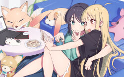  2girls absurdres black_hair blonde_hair blush can cho_kaguya-hime! commentary computer drink_can fox fushi_(cho_kaguya-hime!) green_eyes highres holding holding_can inudoge kaguya_(cho_kaguya-hime!) laptop looking_at_another medium_hair mole mole_under_eye multiple_girls open_mouth orange_shorts red_eyes sakayori_iroha short_sleeves shorts sitting smile soda_can umbrella_octopus ylong yuri 