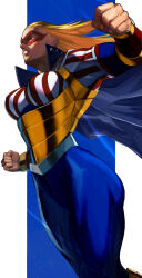  1girl absurdres american_flag armor blonde_hair blue_bodysuit blue_cape bodysuit boku_no_hero_academia breasts cape clenched_hand commentary_request eye_mask from_side highres light_particles long_hair looking_ahead mask medium_breasts sokora_hen solo star_and_stripe_(boku_no_hero_academia) star_ornament 