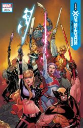 3girls 4boys abs absurdres apocalypse_(marvel) arm_hair arm_up armor black_shorts black_thighhighs blonde_hair blue_eyes blunt_bangs captain_britain claw_(weapon) clenched_teeth comic_cover copyright_logo copyright_name cover cover_page cowl crop_top dark-skinned_female dark_skin energy_sword facial_hair flower gloves hair_flower hair_ornament highres holding holding_sword holding_weapon initial katana logo long_hair magik's_crown magik_(x-men) marvel matt_wilson multiple_boys multiple_girls muscular muscular_female muscular_male official_art open_mouth pauldrons ponytail psylocke purple_gloves purple_hair russell_dauterman shorts shoulder_armor single_pauldron spiked_pauldrons spikes storm_(x-men) stubble superhero_costume sword teeth thigh-highs weapon western_comics_(style) white_flower white_hair wolverine_(x-men) x-men 