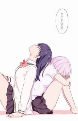  2girls black_hair black_skirt blue_eyes bow bowtie breasts collared_shirt gridman_universe highres large_breasts long_hair long_sleeves looking_down looking_up multiple_girls nanay0n_74 pleated_skirt purple_hair red_bow school_uniform shinjou_akane shirt short_hair simple_background sitting skirt speech_bubble ssss.gridman takarada_rikka thighs translation_request white_shirt 