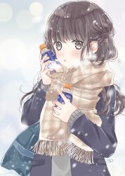  1girl absurdres bag blue_bag blue_coat blush bottle bottle_to_cheek brown_eyes brown_hair brown_scarf coat enpera grey_background grey_sweater highres holding holding_bottle kagamiya_ruru lips long_hair looking_at_viewer milk_tea open_clothes open_coat original parted_lips plaid_clothes plaid_scarf scarf school_bag school_uniform signature snowflakes snowing solo sweater upper_body winter winter_uniform 