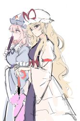  2girls blonde_hair blue_kimono closed_mouth closed_umbrella commentary_request dress expressionless fan_to_mouth folded_fan folding_fan frills from_side hair_ribbon hand_fan hat highres holding holding_fan holding_umbrella japanese_clothes kimono long_hair long_sleeves looking_at_viewer looking_to_the_side medium_hair mob_cap multiple_girls onigiri_222x714 pink_eyes pink_hair purple_tabard ribbon saigyouji_yuyuko sketch tabard touhou triangular_headpiece umbrella very_long_hair violet_eyes white_background white_dress yakumo_yukari 