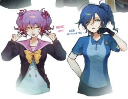  2girls ^_^ arei_nageishi arm_behind_back badge ball black_gloves black_jacket blue_eyes blue_hair blue_shirt blue_shorts bow bowling_ball bowtie button_badge buttons character_name closed_eyes collared_shirt contrast_collar copyright_name danganronpa:_despair_time danganronpa_another double_v fading gloves gradient_hair grin hair_ornament hair_over_one_eye hand_on_own_cheek hand_on_own_face hand_on_own_hip high_braided_ponytail high_side_ponytail highres jacket medium_hair multicolored_hair multiple_girls musical_note musical_note_hair_ornament otonokoji_hibiki partially_fingerless_gloves pink_hair pink_sailor_collar purple_hair rolling_eyes sailor_collar school_uniform shirt short_sleeves short_twintails shorts side_ponytail simple_background smile super_danganronpa_another_2 tongue tongue_out twintails v white_background white_shirt xin_ci yellow_bow yellow_bowtie 
