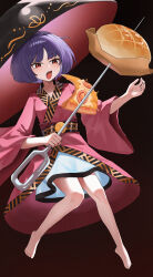  1girl absurdres barefoot black_sash blush bowl bowl_hat bread chinese_commentary commentary_request food food_request full_body hat highres holding holding_needle japanese_clothes kimono long_sleeves mini_person minigirl needle needle_sword obi open_mouth purple_hair red_eyes red_kimono sash short_hair solo sukuna_shinmyoumaru tian_zhong_gong_yan toes touhou wide_sleeves 