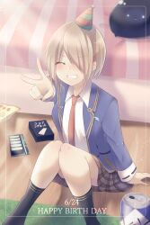  1girl 1other absurdres bed brown_hair can candy cigarette_candy clenched_teeth closed_mouth commentary_request drink_can food hair_ornament hairpin happy_birthday hat heaven_burns_red highres kayamori_ruka narby_(heaven_burns_red) on_floor party_hat puyopiku short_hair sitting slime_(creature) smile teeth v 