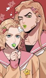  2boys 3kyu4ever absurdres alternate_costume beard blonde_hair blue_eyes blue_lips blue_nails brown_cardigan candy cardigan commentary_request crossdressing crossdressing_(mtf) facial_hair food food-themed_hair_ornament green_eyes green_lips gyro_zeppeli hair_ornament hairclip heart heart_hair_ornament highres johnny_joestar jojo_no_kimyou_na_bouken lollipop long_hair luma_(mario) makeup male_focus mouse_hair_ornament multiple_boys one_eye_closed pink_sailor_collar sailor_collar school_uniform star_(symbol) star_ornament steel_ball_run strawberry_hair_ornament stuffed_animal stuffed_toy super_mario_bros. teddy_bear 