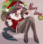  1girl alternate_costume animal_ears bell blush breasts brown_hair choker christmas christmas_tree cleavage dress fangs fingerless_gloves fingernails gloves hat high_heels imaizumi_kagerou jewelry long_fingernails long_hair long_sleeves looking_at_viewer merry_christmas nail_polish open_mouth panties pantyhose panzer pom_pom_(clothes) red_dress red_eyes red_gloves santa_costume santa_hat see-through short_dress simple_background sitting smile solo tail text touhou underwear wolf_ears wolf_tail 