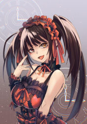  1girl bare_shoulders black_hair breasts clock_eyes collar date_a_live dress frills hairband heterochromia large_breasts lolita_fashion lolita_hairband long_hair looking_at_viewer open_mouth red_eyes ryo_(sora-ryu) solo symbol-shaped_pupils tokisaki_kurumi tokisaki_kurumi_(spirit) twintails uneven_twintails 