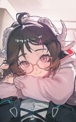  1girl 1other ahoge animal_ears arknights black_jacket blush brown_hair crossed_arms doctor_(arknights) english_commentary eyjafjalla_(arknights) highres horns indoors jacket looking_at_viewer lying_on_person medium_hair omote_m0nl pink-framed_eyewear pink_eyes pink_jacket sheep_ears sheep_girl sheep_horns shirt smile white_shirt 