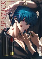  1boy 1other alternate_costume applying_lipstick applying_makeup arm_up black_shirt blue_hair blue_nails brant_(wuthering_waves) collarbone commentary cosmetics english_text fingernails hair_between_eyes highres holding holding_lipstick_tube lipstick_mark lipstick_mark_on_face lipstick_mark_on_neck lipstick_tube long_fingernails looking_at_viewer nail_polish parted_lips pink_eyes sae_naiyatsu shirt short_hair smile solo_focus tacet_mark_(wuthering_waves) twitter_username untranslatable_commentary upper_body wuthering_waves 