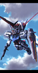  aile_strike_gundam beam_rifle blue_sky clouds commentary_request energy_gun flying g.yamamoto gundam gundam_seed highres mecha mecha_focus mobile_suit no_humans robot science_fiction shield sky v-fin weapon 