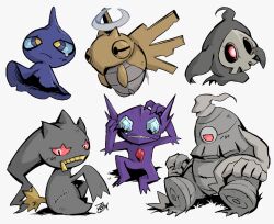  24guyh banette blue_sclera colored_sclera cyclops dusclops duskull gem_eyes ghost ghost_type_theme_(pokemon) halo no_humans one-eyed pokemon pokemon_(creature) pokemon_focus red_sclera sableye shedinja shuppet simple_background single_tear sitting white_background yellow_pupils zipper 