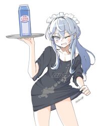  1girl alternate_costume black_shirt blue_eyes blue_hair clothes_writing drink_carton gotland_(island) gotland_(kancolle) hair_bun highres island kantai_collection long_hair maid_headdress map milk_carton mole mole_under_eye name_connection object_namesake one_eye_closed oversized_clothes oversized_shirt ponytail shirt shirt_hold shitty_t-shirt_naval_base simple_background single_hair_bun solo t-shirt tatahai tray white_background 