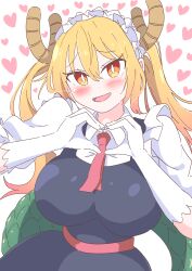  1girl absurdres belt bilingual_commentary black_dress blonde_hair blush breasts bright_pupils commentary_request dot_nose dragon_girl dragon_horns dragon_tail dress elbow_gloves frilled_gloves frills gloves gradient_hair green_tail heart heart_hands highres horns horns_through_headwear impossible_clothes kobayashi-san_chi_no_maidragon large_breasts large_tail long_hair looking_at_viewer maid maid_headdress mixed-language_commentary multicolored_hair necktie open_mouth orange_eyes pinafore_dress puffy_short_sleeves puffy_sleeves raised_inner_eyebrows red_belt red_necktie scales shirt short_sleeves simple_background sleeveless sleeveless_dress slit_pupils smile solo square-end_necktie square_neckline standing tail tohru_(maidragon) twintails white_background white_gloves white_pupils white_shirt yuki_nagisaa 