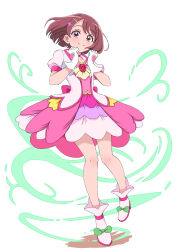  1girl absurdres ankle_boots ascot bare_legs blush bob_cut boots bow brooch choker closed_mouth collarbone colored_shoe_soles commentary commission cosplay cure_grace cure_grace_(cosplay) curled_fingers dress flower flower_brooch footwear_bow full_body gloves green_bow hair_flower hair_ornament hairclip hakuino_hakase hanadera_nodoka healin'_good_precure high_heel_boots high_heels highres jacket jewelry leg_up looking_at_viewer magical_girl medium_dress multicolored_boots pigeon-toed pink_boots pink_choker pink_dress pink_eyes pink_hair pink_jacket precure puffy_short_sleeves puffy_sleeves self_cosplay short_sleeves simple_background skeb_commission smile solo split_mouth standing standing_on_one_leg two-tone_boots white_background white_boots white_gloves wind yellow_ascot 