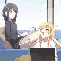  2girls ahoge auklet5580 black_hair black_sweater blonde_hair blush bracelet cho_kaguya-hime! commentary_request computer green_eyes grey_shorts highres hood hoodie jewelry kaguya_(cho_kaguya-hime!) laptop long_hair looking_at_another medium_hair mole mole_under_eye multiple_girls open_mouth red_eyes sakayori_iroha shorts sitting smile sweater white_hoodie window 