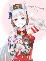  3girls animal_ears aqua_bow aqua_socks armband beanie black_jacket black_skirt blue_coat blunt_bangs blush bow bowtie breasts brown_hair brown_hat coat commentary_request dress ear_bow ear_ribbon ears_through_headwear frilled_coat frilled_jacket frills gloves gold_ship_(red_strife)_(umamusume) gold_ship_(umamusume) grey_hair grin hat highres holding horse_ears horse_girl horse_tail jacket long_hair long_sleeves looking_at_viewer medium_breasts mejiro_mcqueen_(frontline_elegance)_(umamusume) mejiro_mcqueen_(umamusume) mokuroo multiple_girls nakayama_festa_(shichuukyuukatsu)_(umamusume) nakayama_festa_(umamusume) open_mouth pillbox_hat pleated_skirt purple_hair red_bow red_dress ribbon skirt sleeveless sleeveless_dress smile socks striped_armband striped_clothes tail teeth umamusume umamusume:_peace_peace_cepea_cepea_golshi-chan v violet_eyes white_gloves 