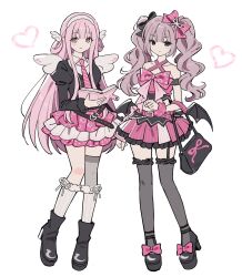 2girls agejo_gyaru angel_wings bag bat_wings belt black_bag black_boots black_bow black_jacket black_shoes black_thighhighs boots bow commentary_request fashion footwear_bow frilled_skirt frills full_body garter_straps grey_eyes gyaru hair_bow hairband handbag head_wings heart high_heels highres jacket juliet_sleeves korean_commentary long_hair long_sleeves looking_at_viewer low_wings multiple_girls myangelical necktie original pink_belt pink_bow pink_hair pink_necktie pink_skirt puffy_sleeves see-through_clothes see-through_thighhighs shoes simple_background single_garter_strap single_thighhigh skirt socks thigh-highs twintails very_long_hair wavy_hair white_background white_hairband white_socks wings 