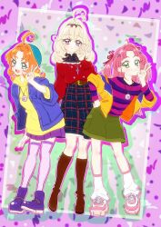  3girls :d absurdres ahoge akechi_anna antenna_hair belt beret blonde_hair blue_eyes blue_jacket closed_mouth commentary_request green_eyes green_shorts grin hair_intakes hair_ornament hair_ribbon hand_on_own_hip hat highres hood hoodie itaoka1 jacket jewel_cure_watch kobayashi_mikuru leaning_forward leg_warmers long_hair looking_at_viewer meitantei_precure! moria_luluka multiple_girls open_mouth orange_hair orange_jacket pink_ribbon plaid_clothes plaid_skirt precure purple_skirt purple_thighhighs red_shirt ribbon shirt shorts skirt smile striped_clothes striped_shirt thigh-highs two_side_up v x_hair_ornament yellow_hoodie 