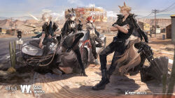 2boys 2girls ambience_synesthesia animal_ears arknights asymmetrical_gloves beanie belt bird_girl bird_tail black_belt black_boots black_gloves black_jacket black_pants black_shirt black_shoes blonde_hair blue_scarf boots bracelet braid broken_halo building cactus car card chain chinese_commentary clouds commentary_request copyright_notice crop_top crossed_arms day detached_collar dress_shoes enforcer_(ambience_synesthesia_2023)_(arknights) enforcer_(arknights) eyewear_on_head feather_hair fiammetta_(ambience_synesthesia_2023)_(arknights) fiammetta_(arknights) figure_four_sitting fingerless_gloves garter_straps gloves grass grey_hair grey_jacket grey_pants grey_skirt hair_between_eyes hair_over_one_eye halo hand_up hat high_heel_boots high_heels highres horse_boy horse_ears horse_tail jacket jacket_on_shoulders jewelry leaning_on_object long_hair long_sleeves looking_at_viewer low_ponytail medium_hair mismatched_gloves mlynar_(ambience_synesthesia_2023)_(arknights) mlynar_(arknights) motor_vehicle motorcycle multiple_boys multiple_girls off_shoulder official_alternate_costume official_art open_clothes open_jacket outdoors pants penance_(ambience_synesthesia_2023)_(arknights) penance_(arknights) playing_card pleated_skirt ponytail power_lines red_eyes red_hair ring road sand scarf second-party_source shirt shoes short_hair short_sleeves shuiyaoximushi sitting skirt sky sleeves_rolled_up smile sneakers spaghetti_strap standing standing_on_one_leg street sunglasses suspenders tail tassel thigh-highs thigh_boots thumb_ring torn_clothes torn_pants torn_thighhighs violet_eyes white_gloves white_hair white_hat white_shirt white_shoes wings wolf_ears wolf_girl wolf_tail wrist_cuffs wristband yellow_eyes 