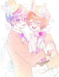  2boys absurdres akehoshi_subaru animal_ear_headwear animal_ears blue_eyes blue_hair blush blush_stickers closed_eyes commentary ensemble_stars! fake_animal_ears hair_between_eyes hand_on_another's_arm hat hidaka_hokuto highres jacket korean_commentary long_sleeves male_focus mini_hat mini_top_hat multiple_boys musical_note open_mouth orange_hair orange_jacket rabbit_ears rabbit_tail seemillar short_hair simple_background single_blush_sticker tail top_hat upper_body white_background 