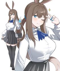  1girl absurdres alternate_costume amiya_(arknights) animal_ears arknights ascot bag black_bag black_shoes black_skirt black_thighhighs blue_ascot blue_eyes breasts bright_pupils brown_hair closed_mouth collared_shirt cup diamond-shaped_pupils diamond_(shape) full_body hand_up highres holding holding_cup jewelry long_hair long_sleeves looking_at_viewer multiple_rings multiple_views one_eye_closed open_mouth rabbit_ears rabbit_girl ring shirt shoes simple_background skindentation skirt small_sweatdrop solo spam_(spamham4506) symbol-shaped_pupils thigh-highs upper_body v white_background white_pupils white_shirt 