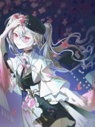  1girl bag black_choker black_dress black_hat black_necktie blush bow bowtie cherry_blossoms choker collared_shirt dress english_commentary hair_between_eyes hand_on_own_head handbag hat hat_bow highres jacket jewelry looking_at_viewer necklace necktie original pink_bow pink_bowtie red_eyes san_gaozi2919 shirt solo twintails white_hair white_jacket white_shirt wide_sleeves wind 