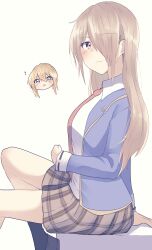  ! 1girl absurdres blue_shirt brown_hair closed_mouth commentary_request hair_over_one_eye heaven_burns_red highres kayamori_ruka long_hair looking_at_viewer necktie official_alternate_hairstyle open_clothes open_shirt puyopiku red_necktie shirakawa_yuina shirt simple_background sitting white_background white_shirt 