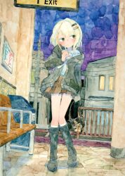  1girl absurdres bag bench black_jacket blonde_hair blush bone_71 boots building city commentary cup drinking drinking_straw exit_sign full_body green_eyes hair_ornament hairclip handbag highres holding holding_cup jacket long_sleeves miniskirt neckerchief night original outdoors oversized_clothes painting_(medium) plaid_clothes plaid_skirt power_lines purple_sky railing sailor_collar school_uniform short_hair sign skirt sky solo standing thigh-highs traditional_media train_station untranslatable_commentary watercolor_(medium) 