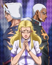  1girl 2boys anime_coloring argyle_background belt black_robe blonde_hair blue_background blue_bodysuit blue_eyes bodysuit brother_and_sister brothers buzz_cut cassock closed_eyes closed_mouth clothing_cutout commentary dark-skinned_male dark_skin english_commentary enrico_pucci enrico_pucci_(new_moon) facial_hair fake_horns fur_hat genda_art hair_ornament hat hatching_(texture) high_collar highres horned_hat horns jojo_no_kimyou_na_bouken long_hair low_ponytail multiple_boys official_style own_hands_clasped own_hands_together perla_pucci ponytail praying priest red_belt robe sad shirt short_hair short_sleeves siblings sideburns stone_ocean very_short_hair watch watch weather_report white_hair white_hat white_shirt 