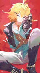  1girl ahoge aiming aiming_at_viewer bandolier belt belt_buckle black_boots black_gloves black_jacket blonde_hair boots brown_belt buckle commentary cowboy_boots dokibird english_commentary fang gloves green_eyes green_shirt gun hair_between_eyes hair_ornament hairclip highres holding holding_gun holding_weapon indie_virtual_youtuber jacket medium_hair neckerchief orange_neckerchief pants raneblu red_background revolver shirt simple_background sitting skin_fang solo spurs striped_clothes striped_shirt virtual_youtuber weapon white_pants 