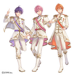  3boys :d ;) ;d ahoge aiguillette belt blue_eyes boots buttons capelet coat collared_jacket color_coordination commentary copyright_notice double-breasted embroidery english_commentary epaulettes fold-over_boots fukahire_(ruinon) full_body green_eyes hair_between_eyes idol_clothes index_finger_raised jacket jel_(stpri) knee_boots lineup long_sleeves looking_at_viewer male_focus mandarin_collar medal multiple_boys nanamori_(stpri) offering_hand official_art one_eye_closed orange_coat orange_hair pants pink_belt pink_hair pink_jacket purple_belt purple_hair purple_jacket sash satomi_(stpri) short_hair shoulder_sash side_capelet simple_background sleeve_cuffs smile standing standing_on_one_leg strawberry_prince two-sided_coat two-sided_fabric two-sided_jacket utaite violet_eyes white_background white_boots white_capelet white_coat white_jacket white_pants 